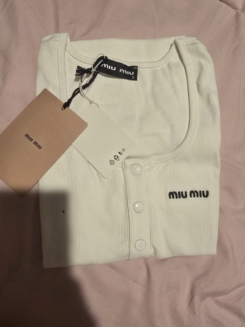 Miu Miu White Ribbed Logo Button Front Tank Body Suit